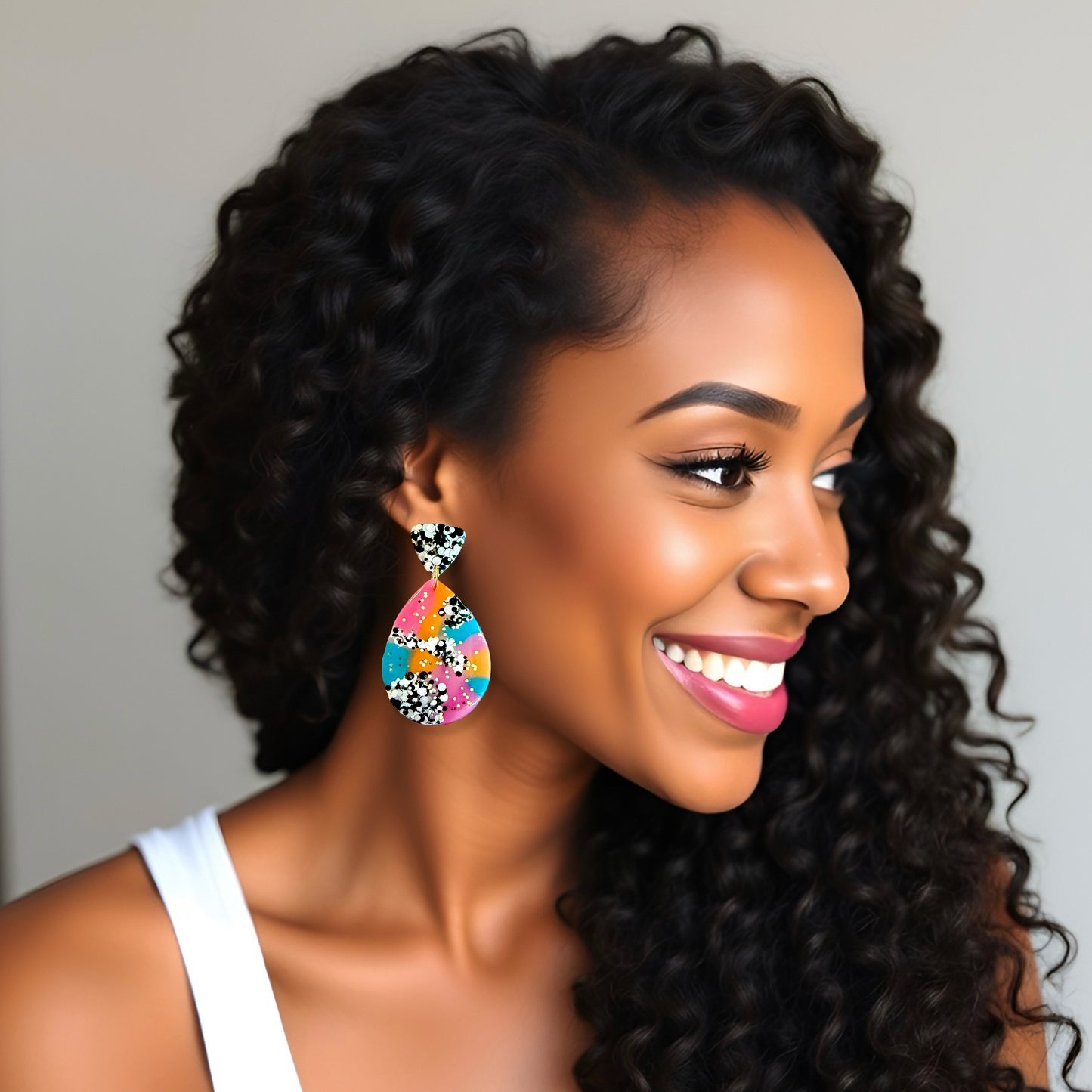 Colorful Confetti Teardrop Resin Clip-on Earrings