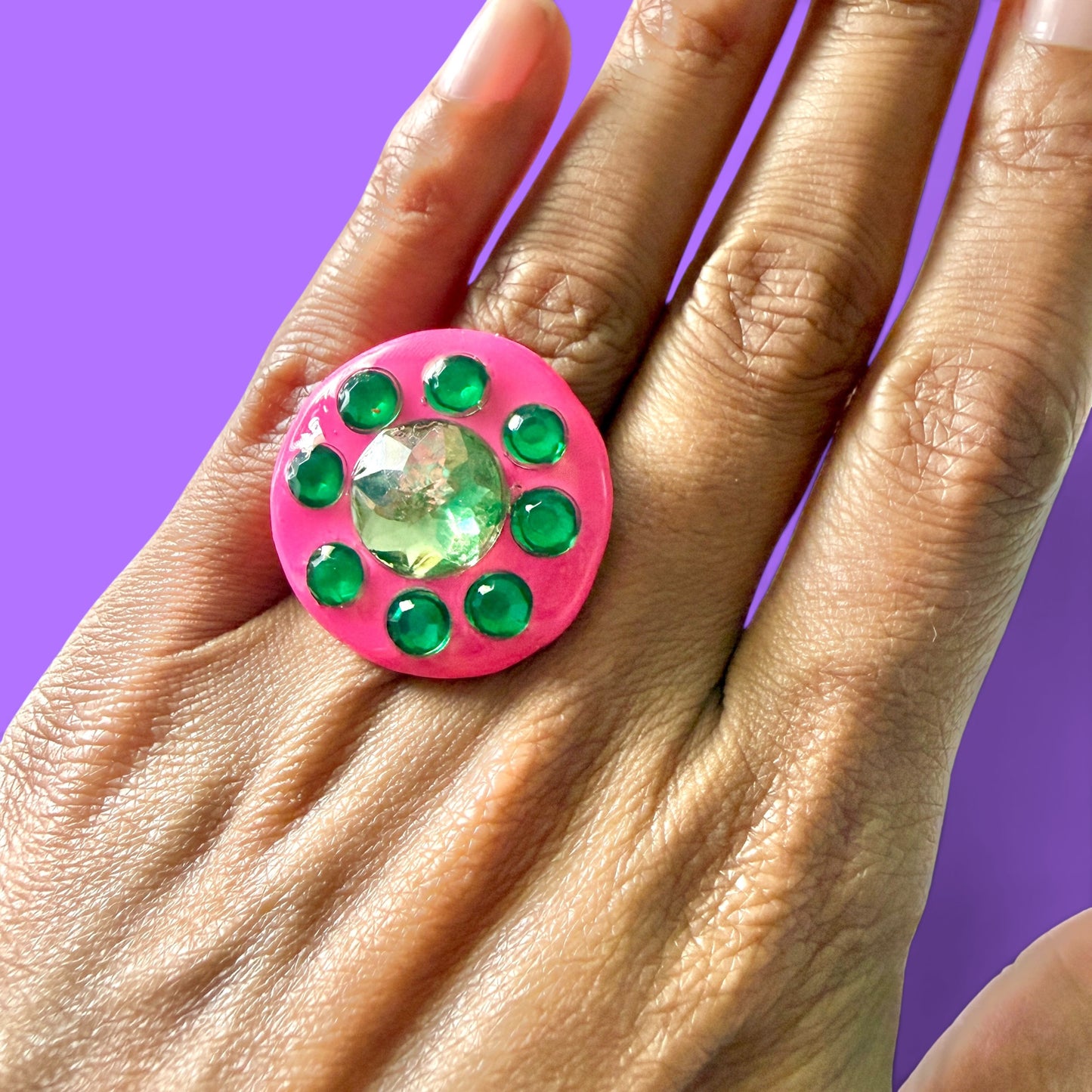 Hot Pink Jeweled Clay Adjustable Ring 1