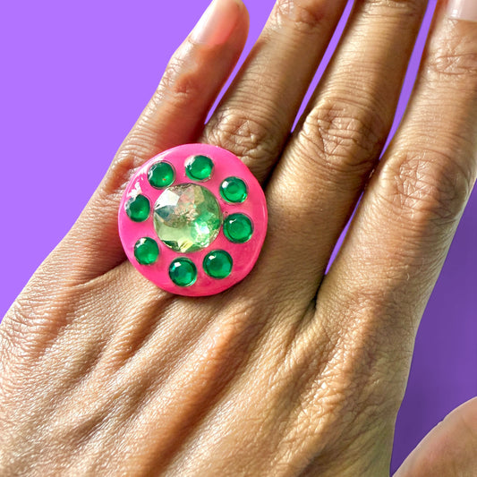 Hot Pink Jeweled Clay Adjustable Ring 1