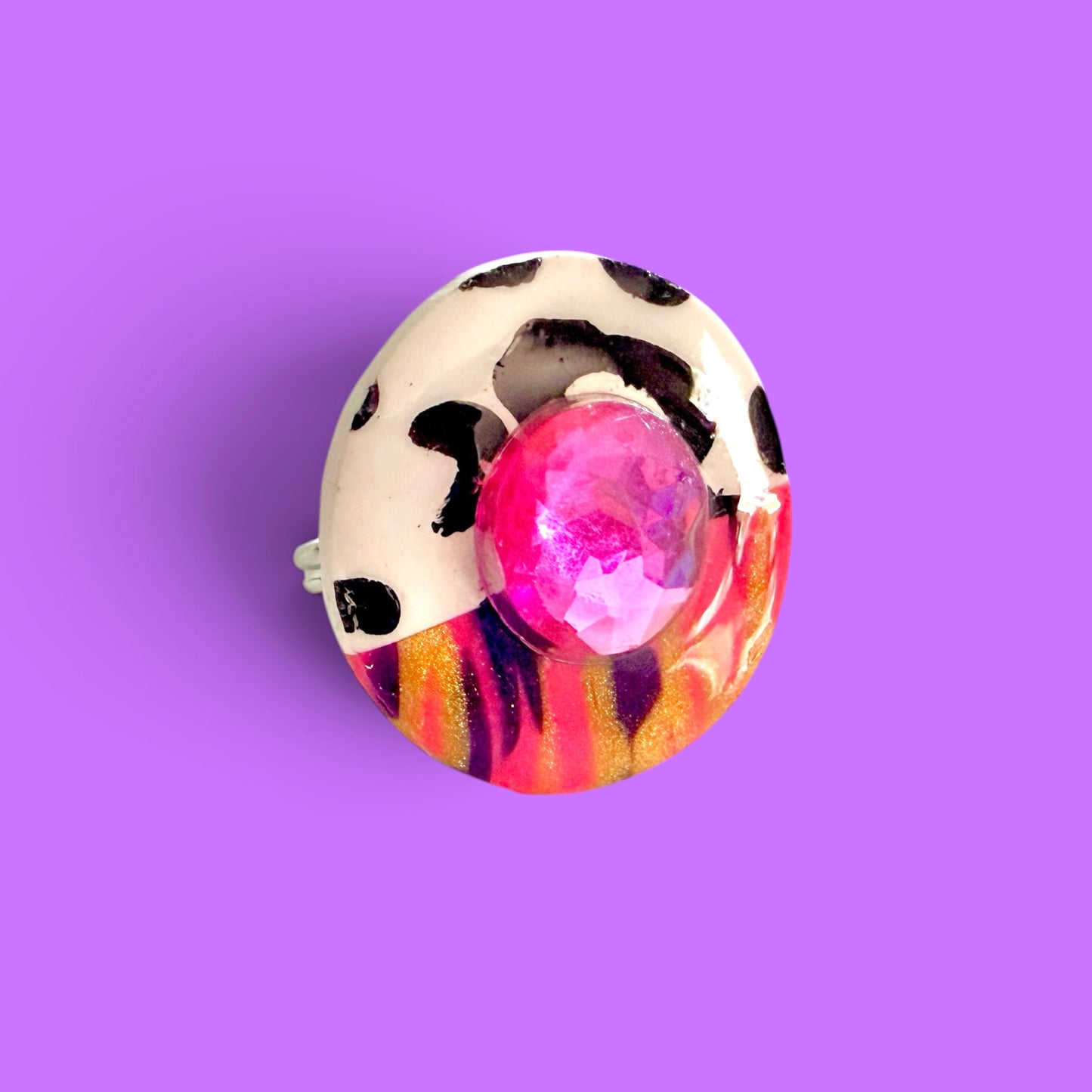 Mixed Print Jeweled Adjustable Clay Ring 2