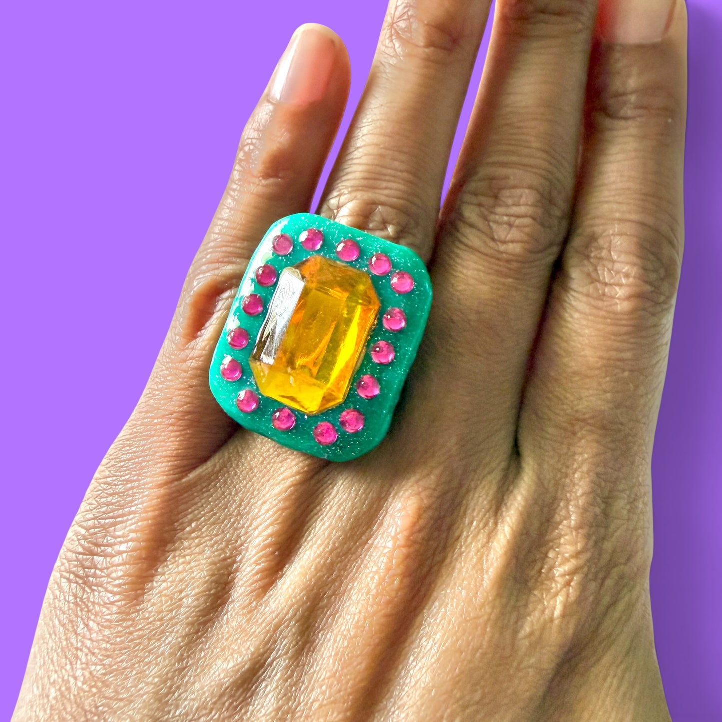 Teal Jeweled Clay Adjustable Ring 1