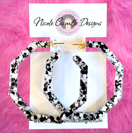 B/W Glitter Geo Hoop Resin Earrings