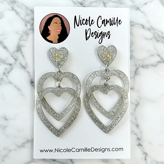 Silver Glittery Linked Hearts Acrylic Earrings