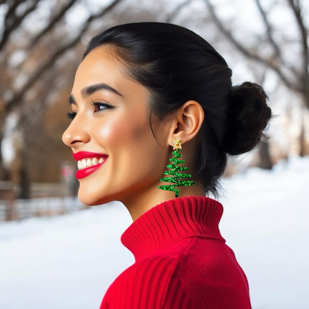 Green Whimsical Xmas Tree Glitter Resin Earrings