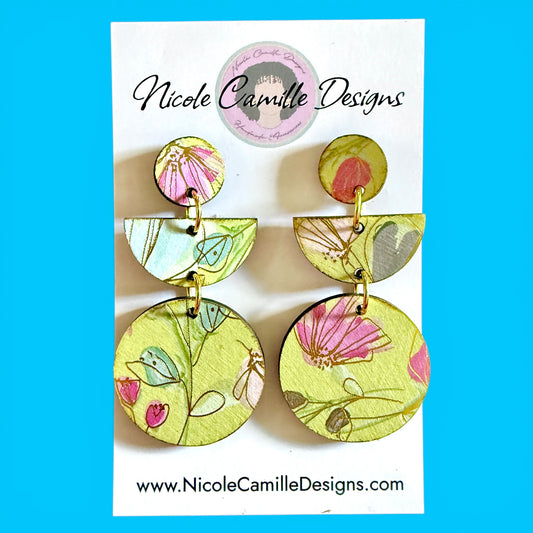 Lime Floral Print Geometric Wood Earrings