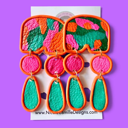 Orange Patchwork Abstract Dangle Clay Earrings