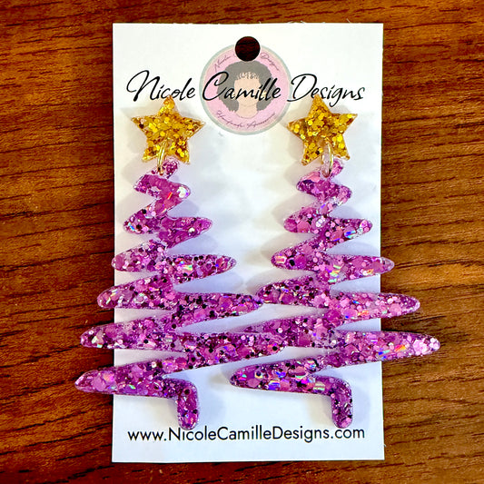 Pink Glitter Whimsical XMas Tree Resin Earrings