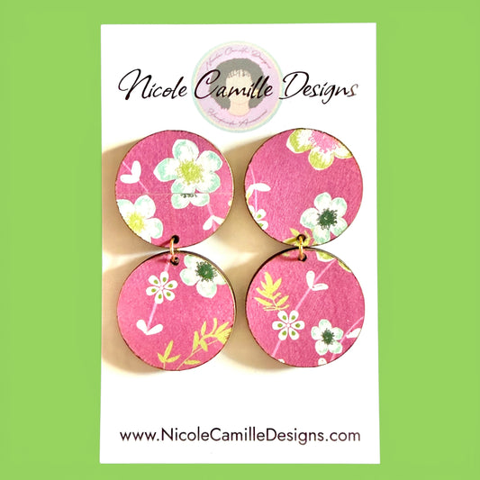 Mauve Floral Print Double Disc Wood Earrings