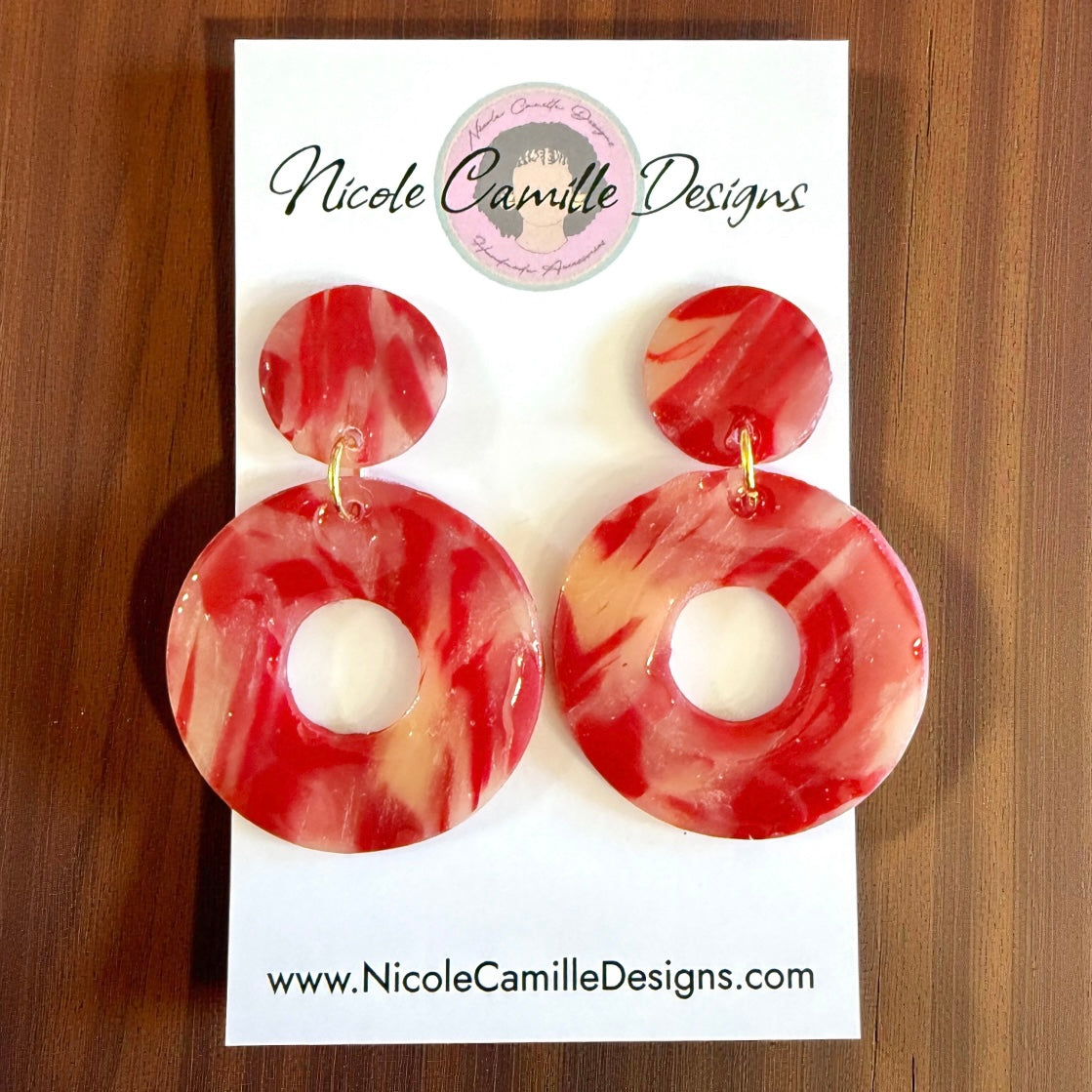 Red Swirl Round Clay Earrings