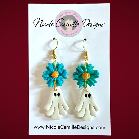 Teal Flower & Ghost Dangles Clay Earrings