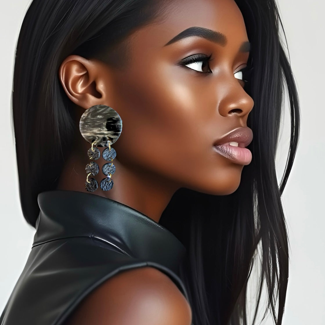 Black Marble & Leather Disc Dangle Clay Earrings