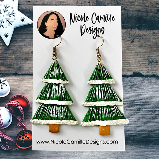 Snowy Evergreen Tree Clay Earrings