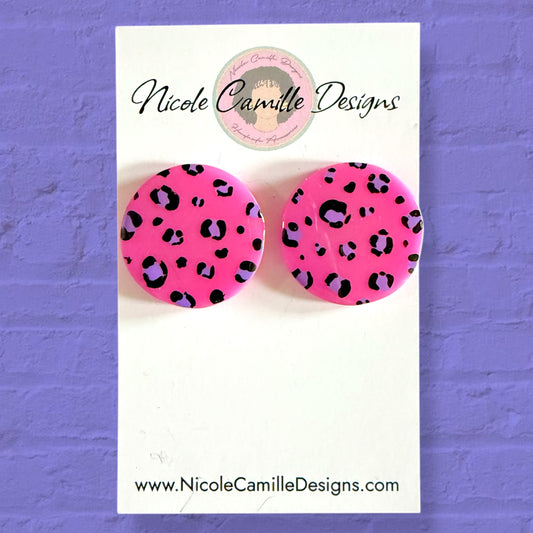 Pink & Purple Leopard Large Studs Resin Earrings