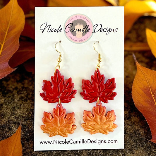 Dark Red & Gold Leaf Dangles Clay Earrings
