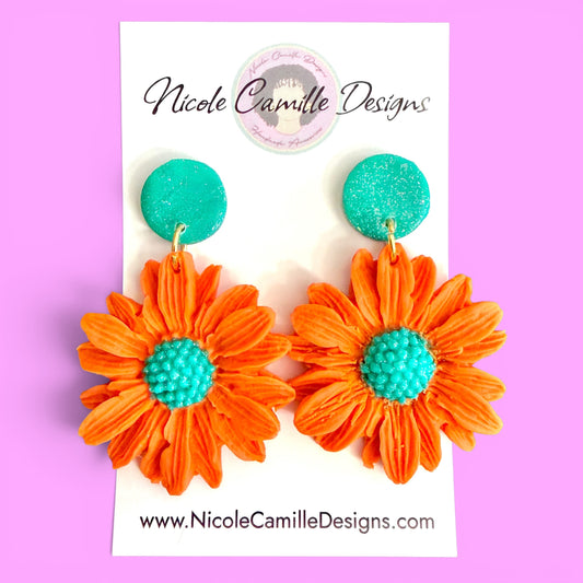 Orange & Teal Flower Clay Earrings