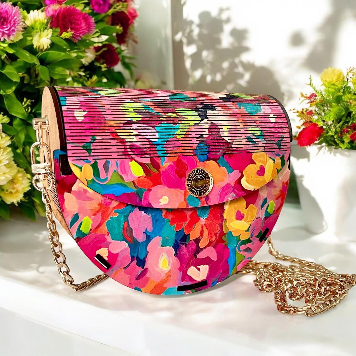 Colorful Floral Wood Purse