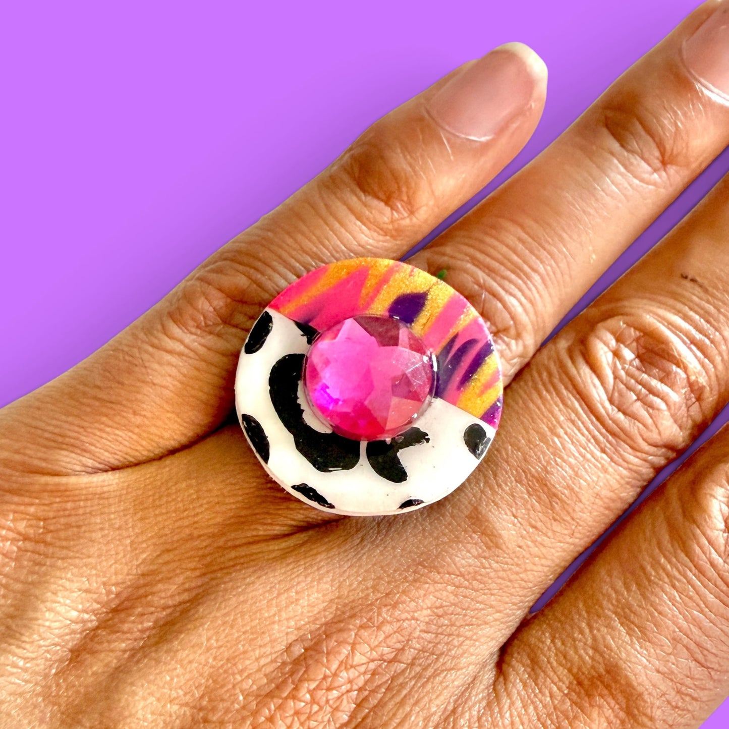 Mixed Print Jeweled Adjustable Clay Ring 2