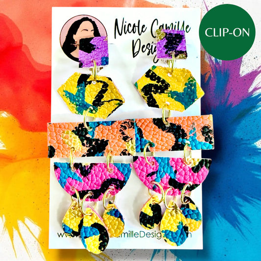 Colorful Long Geometric Vegan Leather Clip-on Earrings