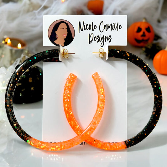 Orange & Black Glitter Jumbo Hoops Resin Earrings