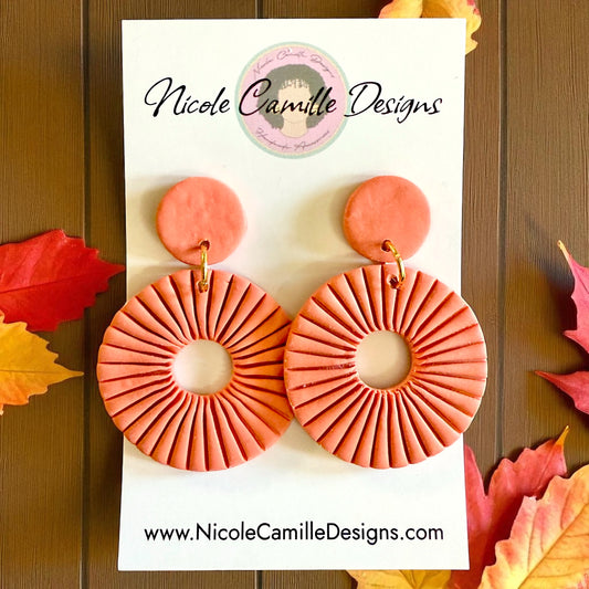 Tangerine Lined Circle Clay Earrings