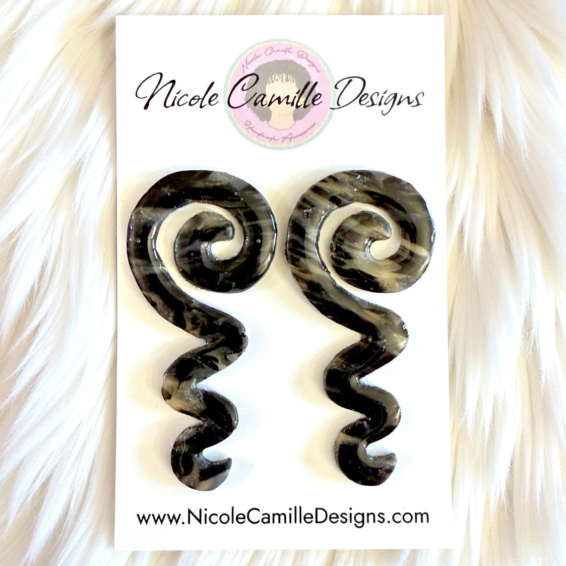 Black Marble Spiral Squiggle Clay Earrings