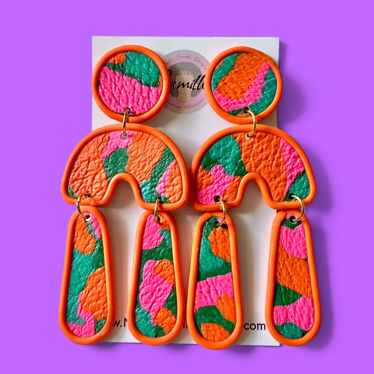 Orange Patchwork Arch Dangle Clay Earrings