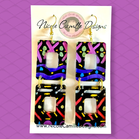 Colorful Tribal Print Rectangle Dangle Acrylic Earrings