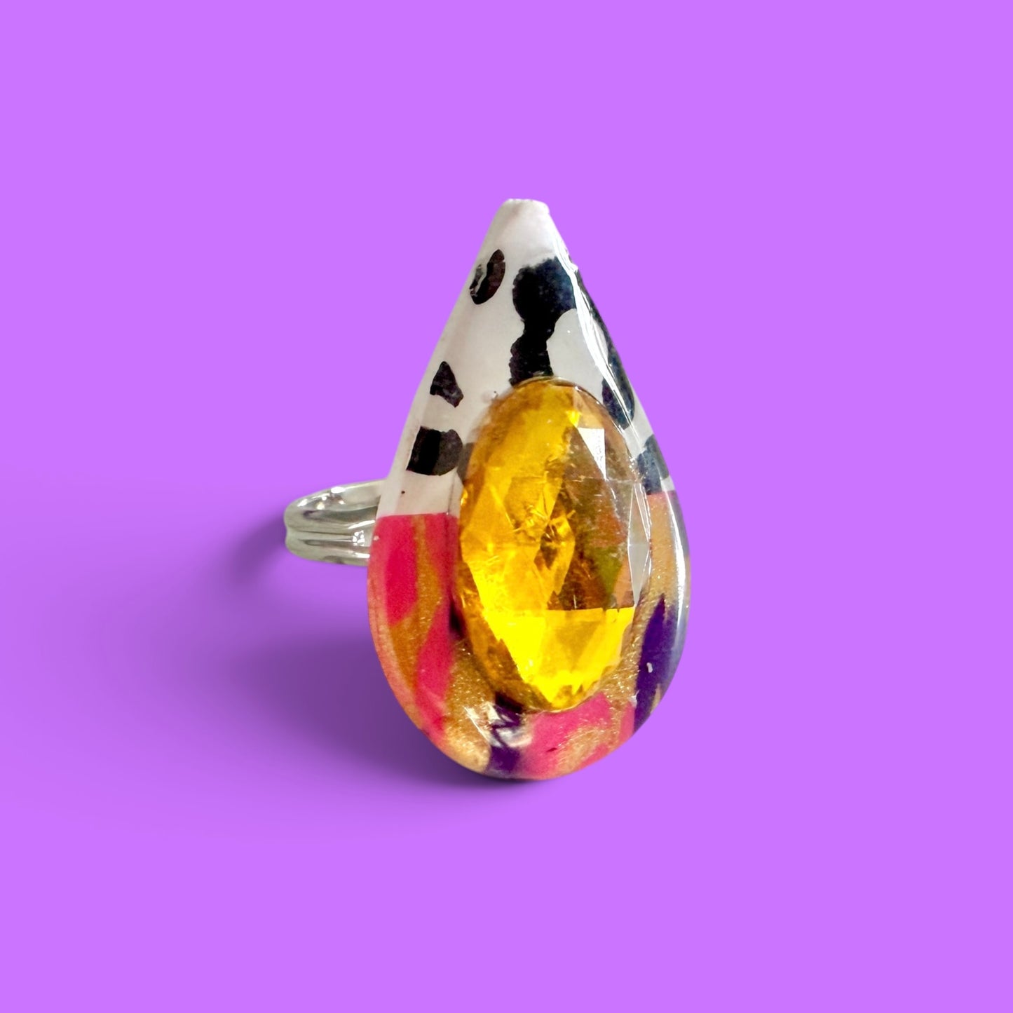 Mixed Print Jeweled Adjustable Clay Ring 1
