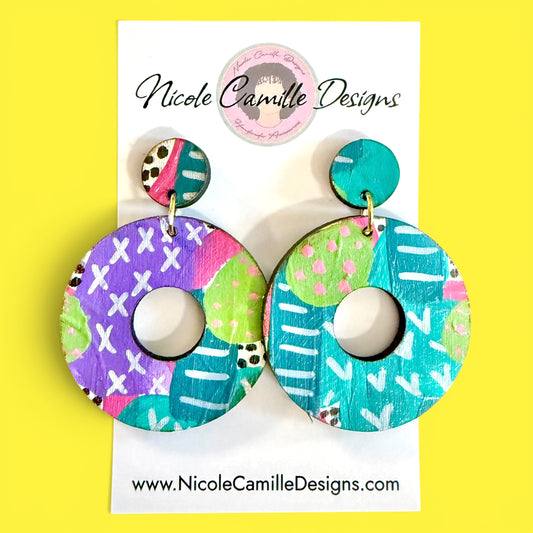 Abstract Print RoundDangle Wood Earrings