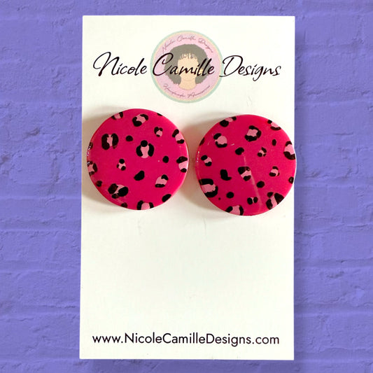 Fuschia & Pink Leopard Large Studs Resin Earrings