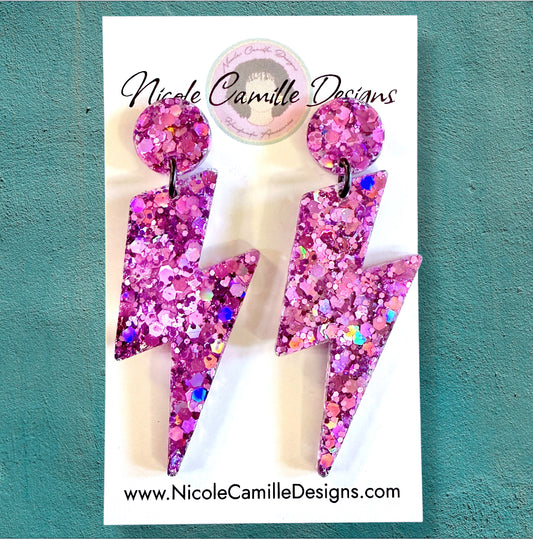Fuschia Glitter Lightning Resin Earrings