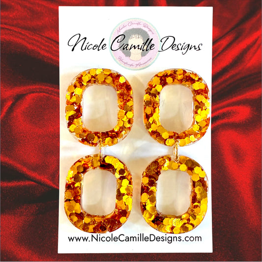 Gold Glitter Double Oval Resin Earrings