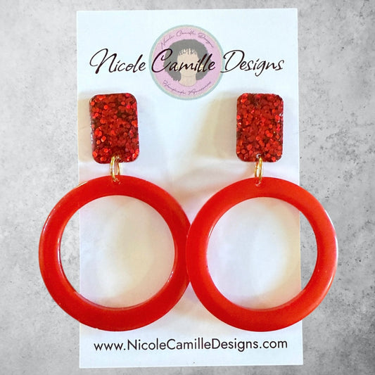 Red Glitter Round Resin Earrings