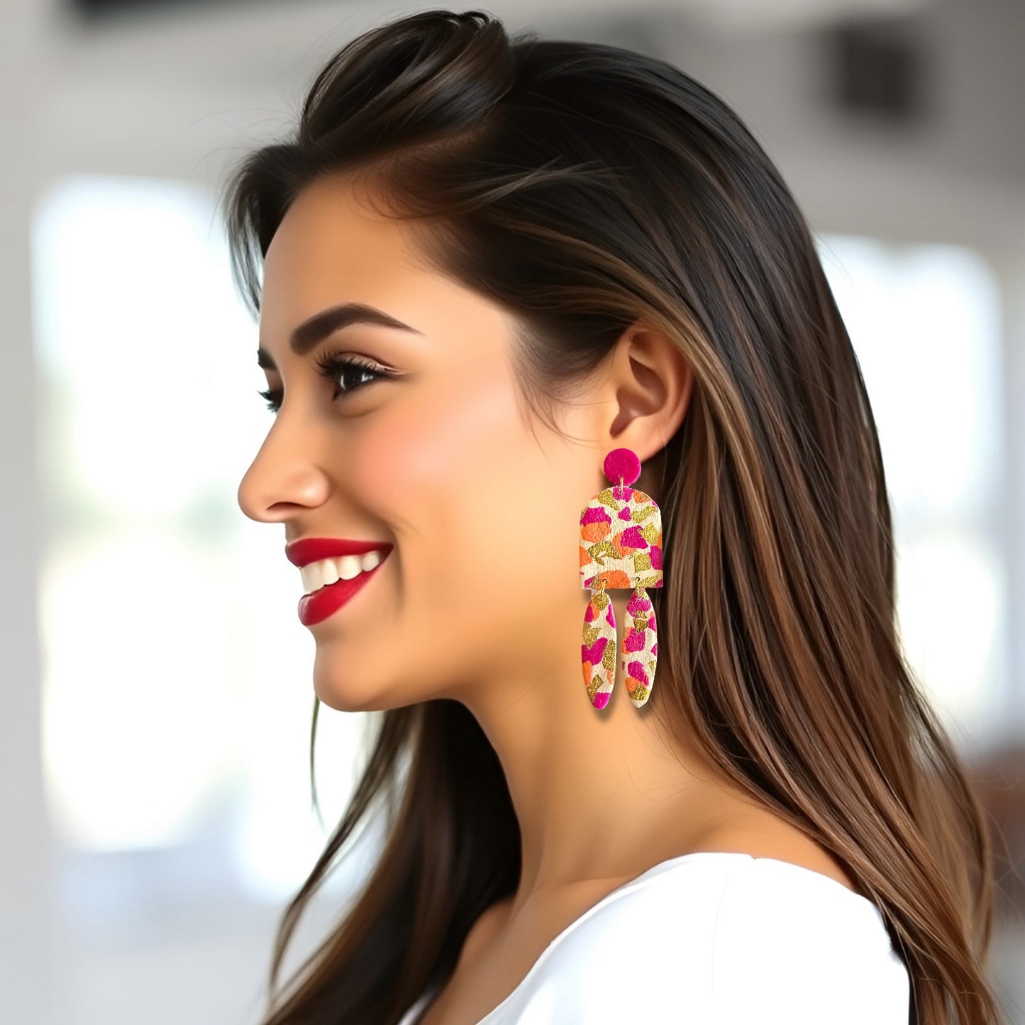 Fuschia & Orange Arch Dangles Clay Earrings