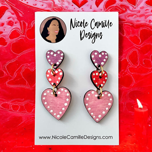 Purple, Red & Pink 3-Hearts Wood Earrings