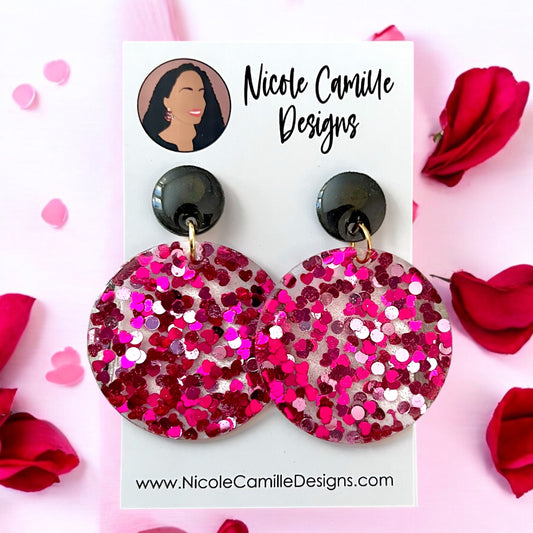 Fuschia Heart Glitter Disc Resin Earrings