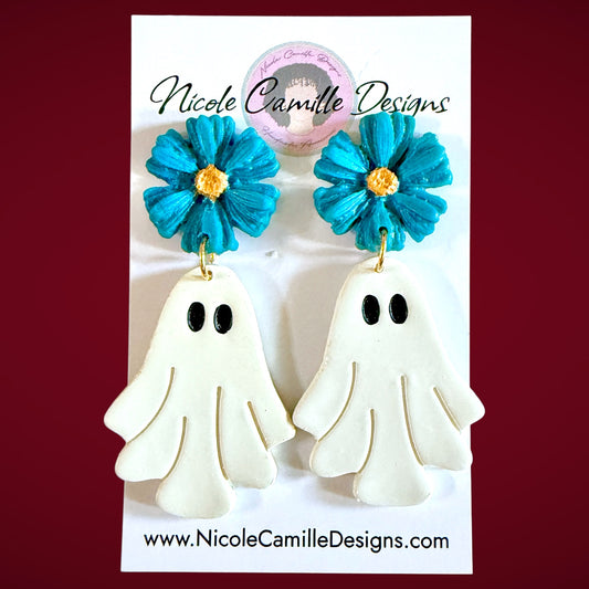Teal Flower & Ghost Clay Earrings