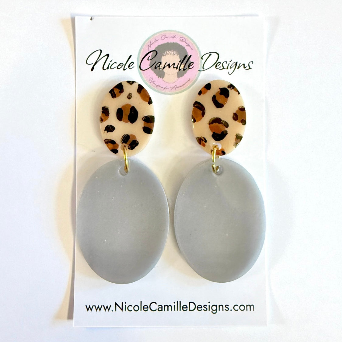 Gray & Leopard Oval Resin Earrings