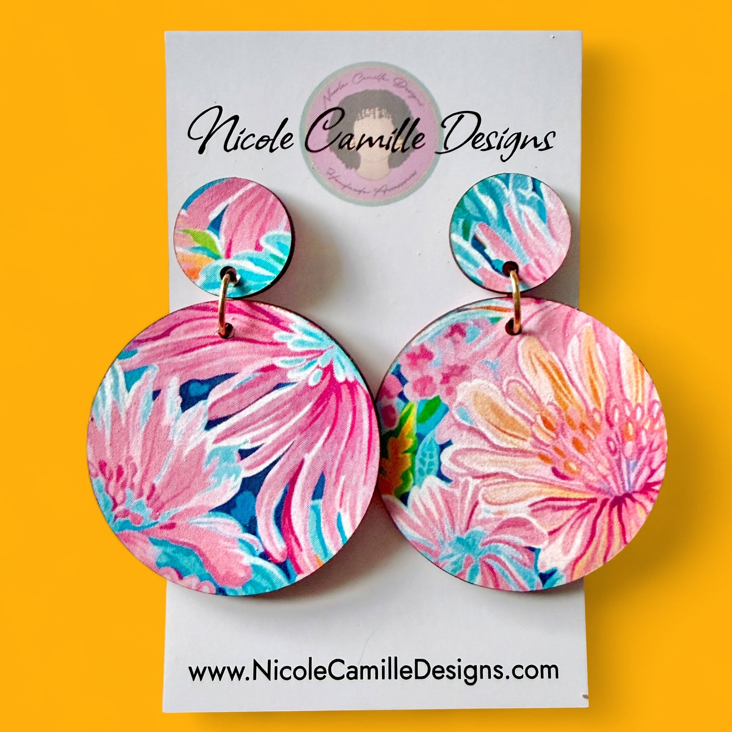 Pink & Aqua Tropical Disc Wood Earrings