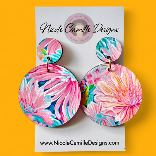 Pink & Aqua Tropical Disc Wood Earrings
