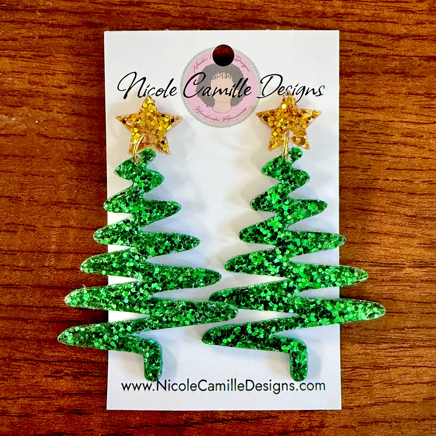 Green Glitter Whimsical XMas Tree Resin Earrings