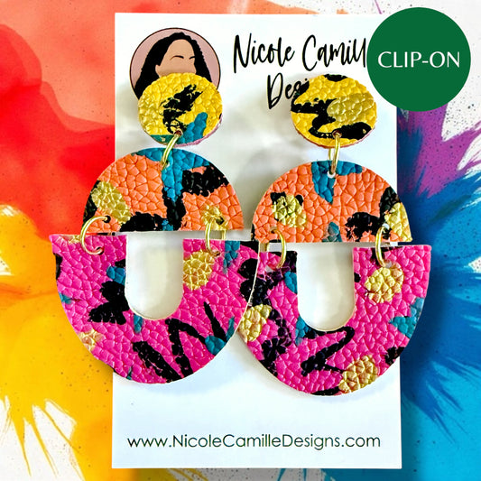 Colorful Abstract Vegan Leather Clip-on Earrings