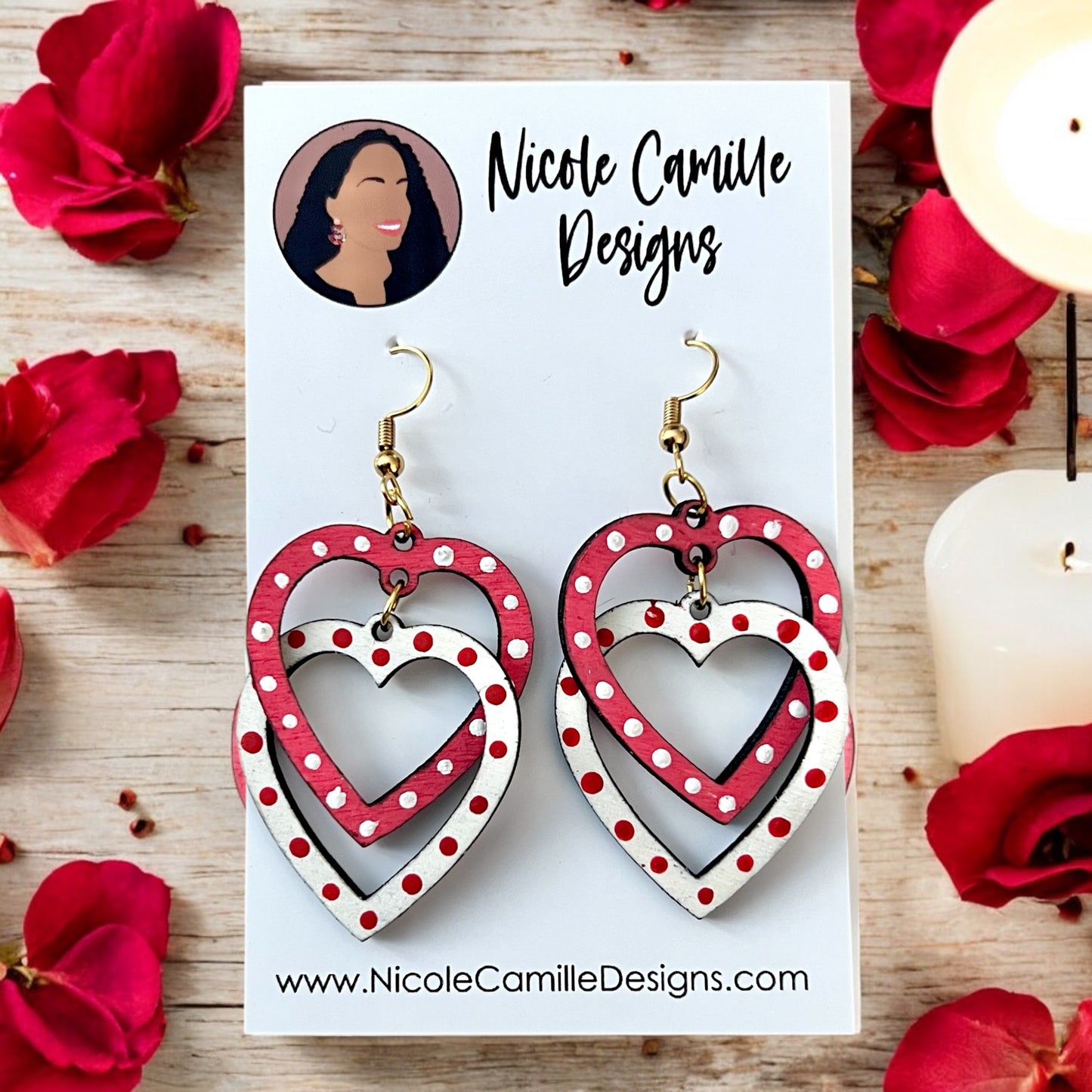 Red & White Linked Hearts Wood Earrings