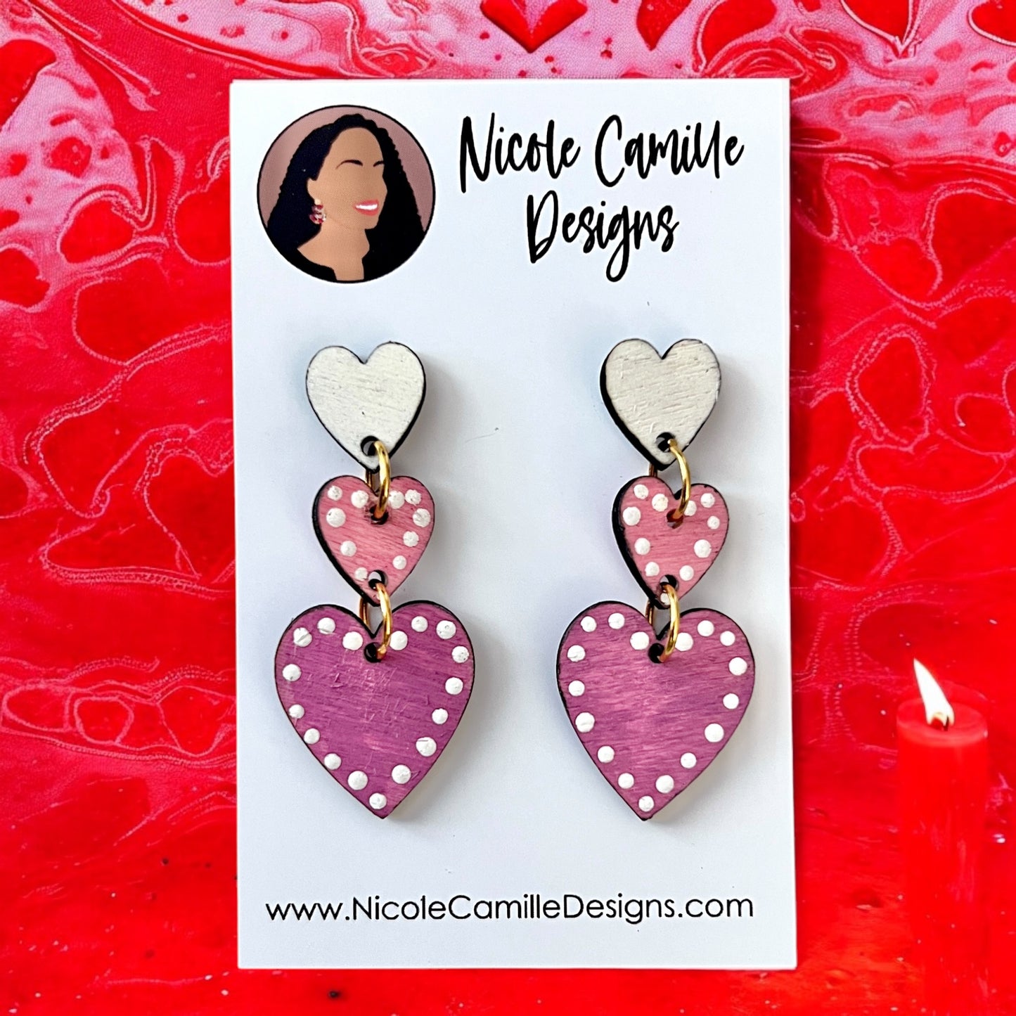 White, Pink & Purple 3-Hearts Wood Earrings