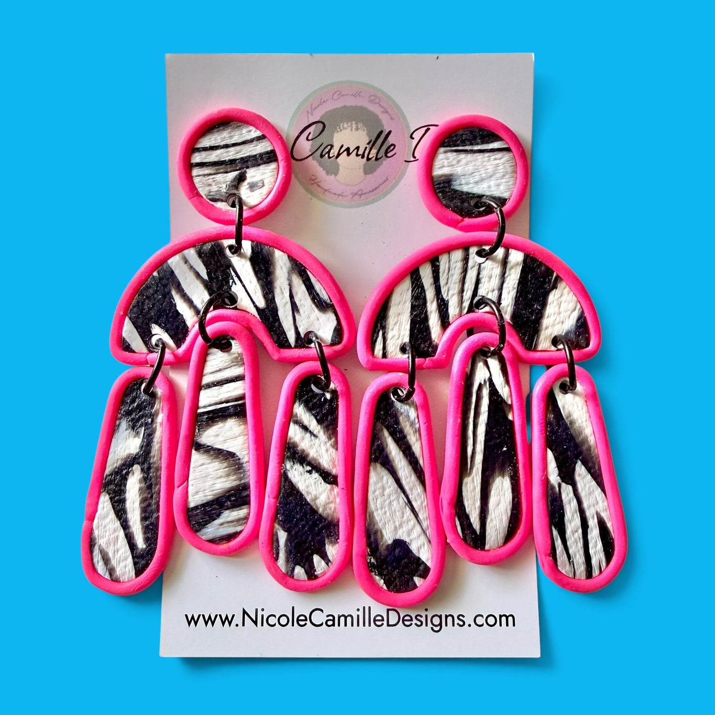 B/W & Hot Pink Abstract Clay Earrings 3