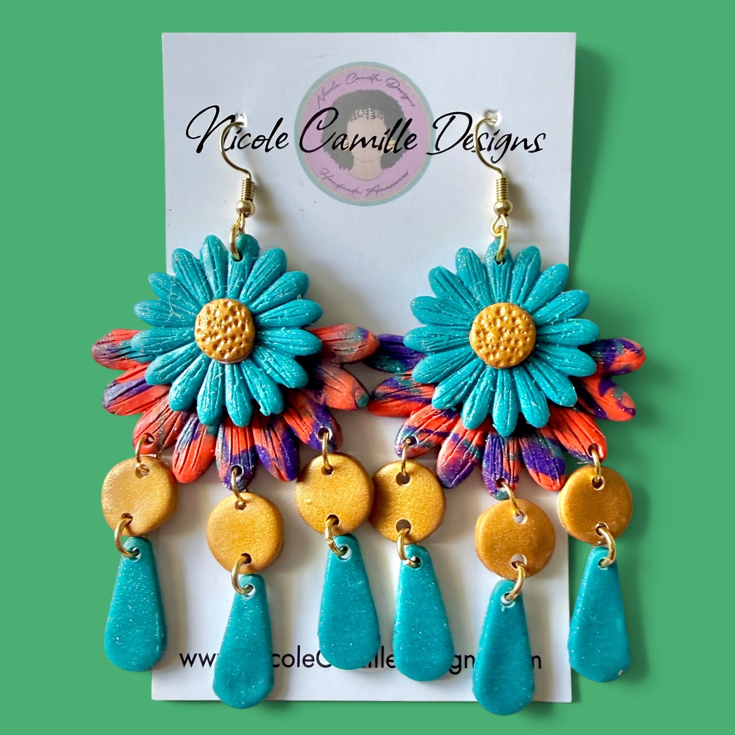 Teal Boho Flower Dangles Clay Earrings