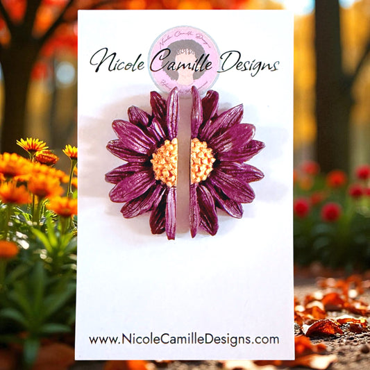 Maroon Half Flower Clay Earrings