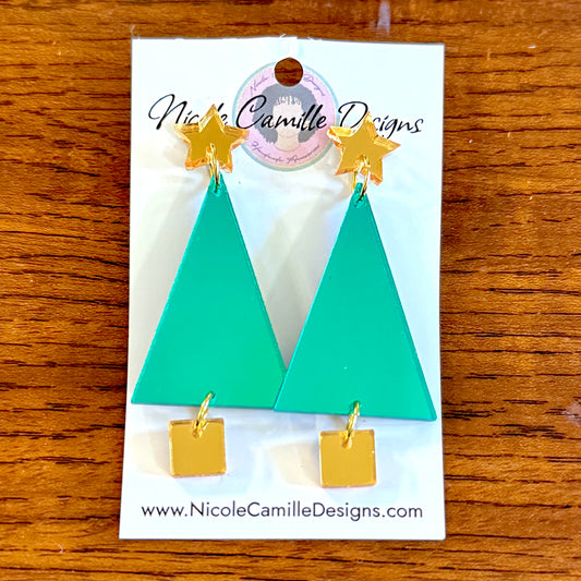 Teal Geo Xmas Tree Mirror Acrylic Earrings