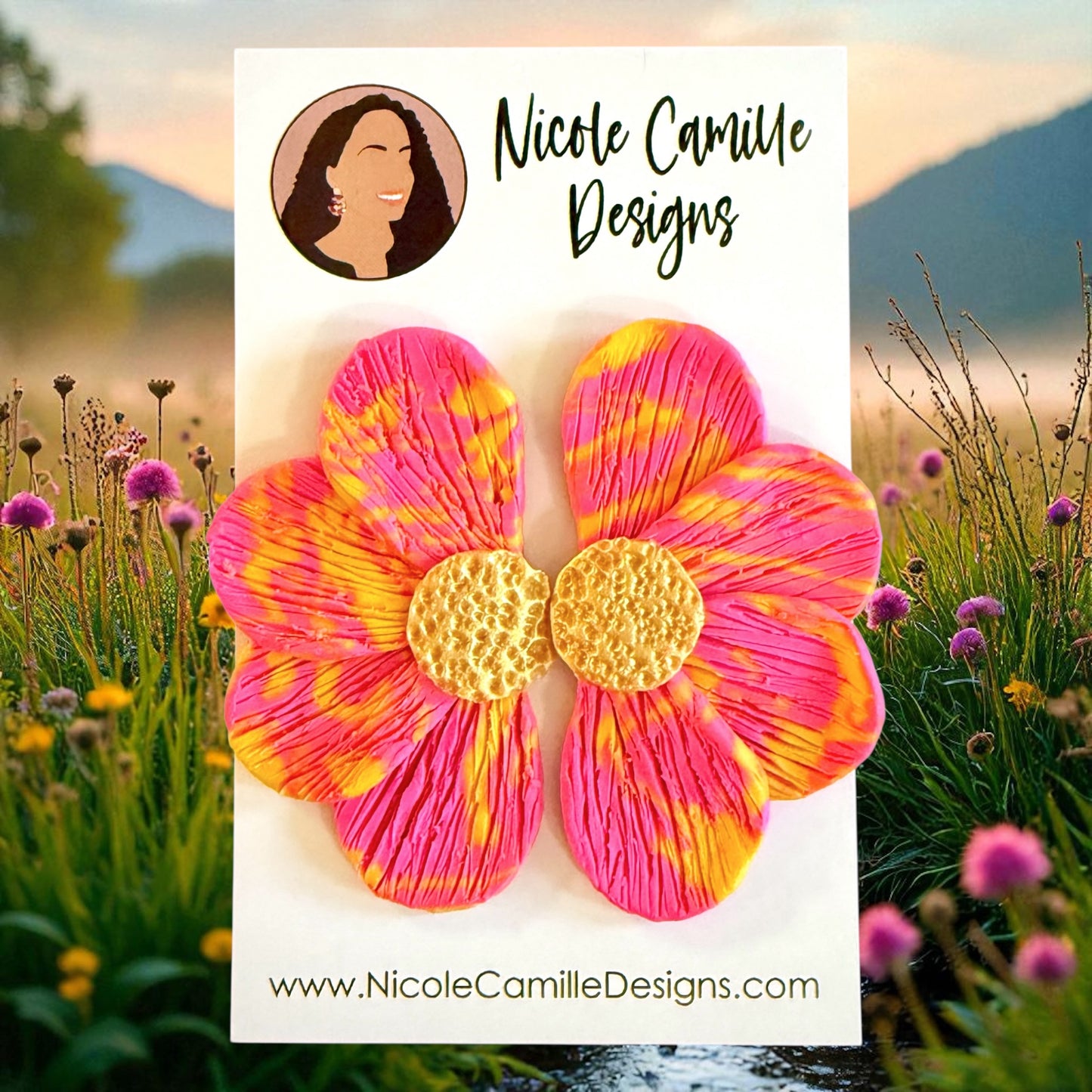 Hot Pink & Yellow Flower Jumbo Clay Earrings