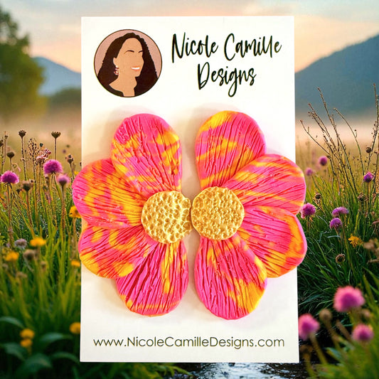 Hot Pink & Yellow Flower Jumbo Clay Earrings
